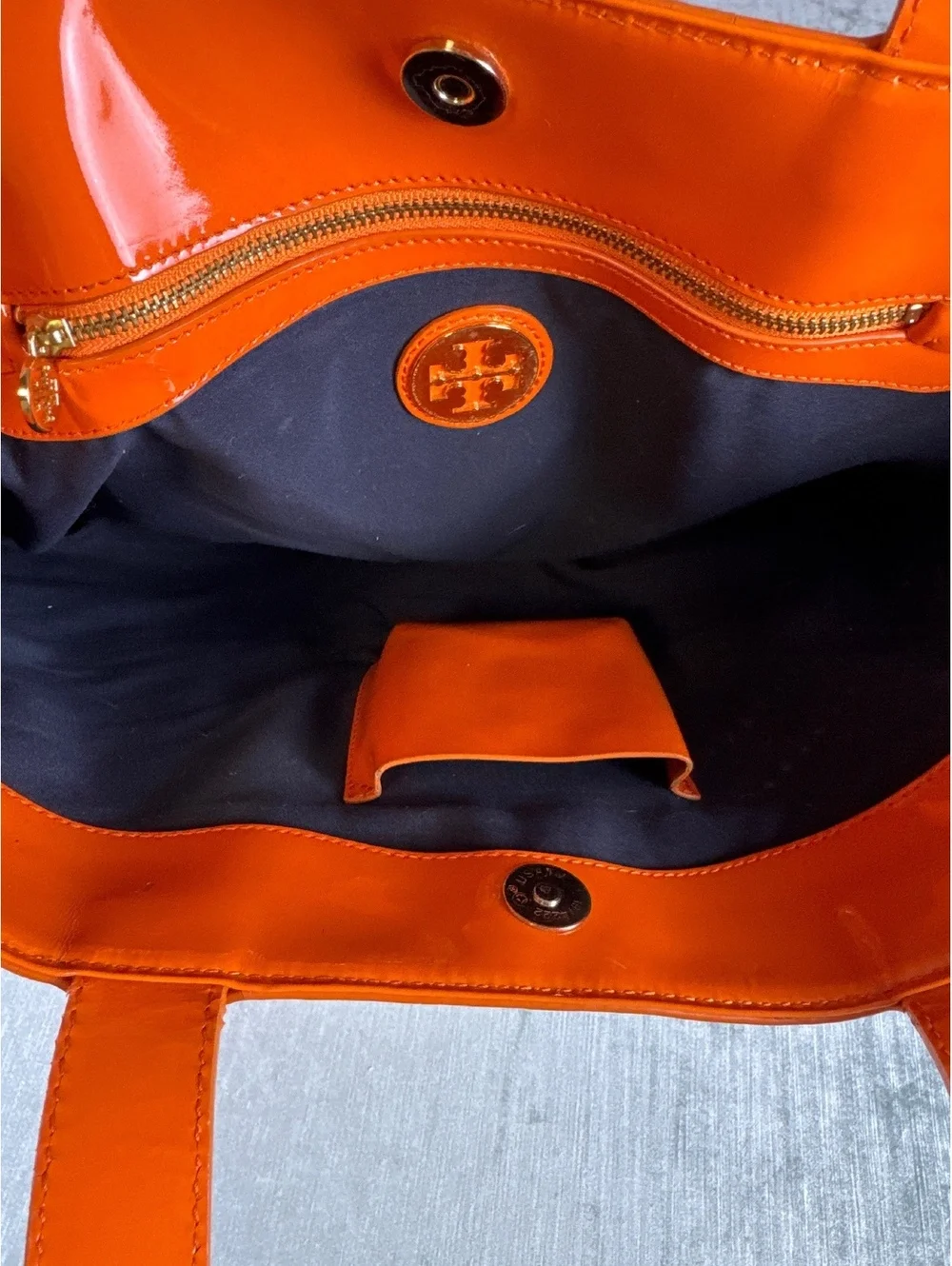Tory Burch Orange Patent Leather Perforated Logo Tote